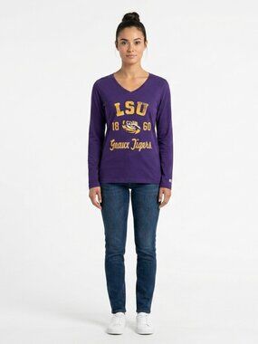 RUSSELL ATHLETICS  Women's V-Neck Purple with Yellow "LSU" Tigers Tee -  L 12-14